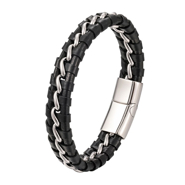 Børnearmbånd til drenge i ægte læder, sort, 6-12+3 år. Titanium guld/sølv kæde magnetisk lås, justerbar størrelse 7\"-7.7\" (18-19.5cm) Steel