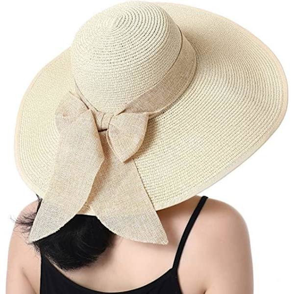 Kvinner Foldbar Floppy Bredbremmet Halm Solhatt Sommer Strandhatt UV UPF 50+ 02Style Bowknot Beige