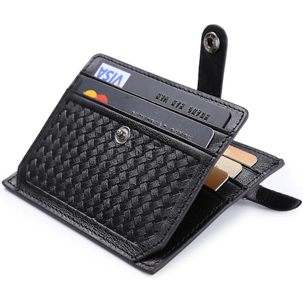 Korthållare i äkta läder, svart bifold plånbok, RFID NFC-blockering med myntficka med täckt knapp för män Black
