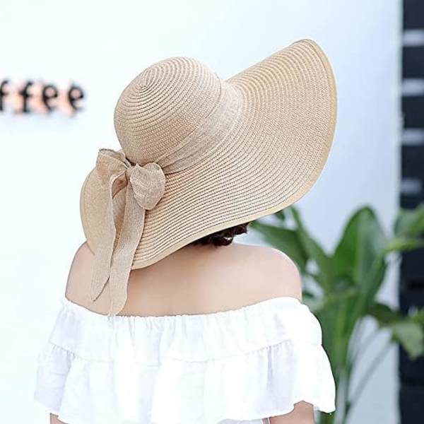Kvinner Foldbar Floppy Bredbremmet Halm Solhatt Sommer Strandhatt UV UPF 50+ 02Style Bowknot Beige