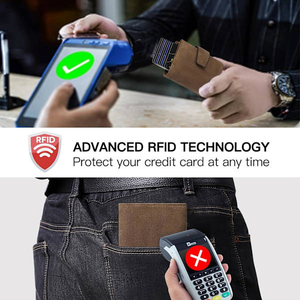 Kredittkortholder RFID-blokkering Minimalistisk Trifold Herre Lommebøker Automatisk Pop Up Metallveske med ID-vinduer og glidelåslomme Frosted Brown