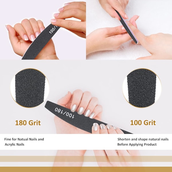 iles, Professionella nagelfilar, 12 st 100/180 Grit dubbelsidig Emery Board nagelfil set, tvättbara nagelfilar verktyg för manikyr (svart) black