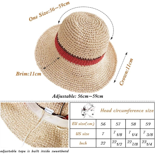 Solhatt Floppy Halmhatt Bred Brätte Fällbar UV-skydd Hink Sommar Strandhatt för Flickor Kvinnor Beige One Size