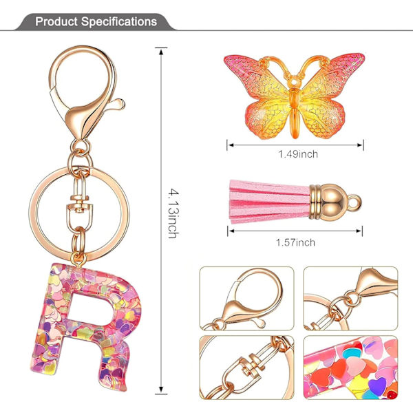 Nyckelringar i form av initialer för kvinnor Tassel Butterfly Pink Purple Cute Car Keyring för plånbok Handväskor Ryggsäck A-Z Pink R