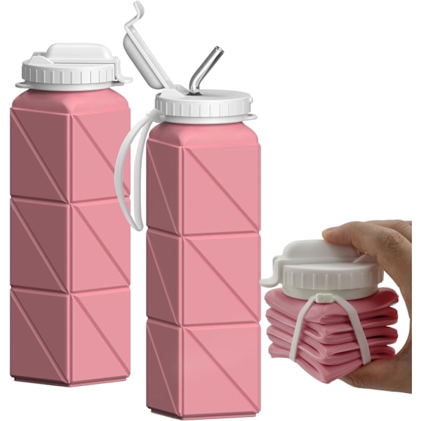 Hopfällbar Vattenflaska med Sugrör, Silikon Vikbar Bärbar Vattenflaska 610ml Lätt Vikt Återanvändbar Läckagesäker för Resor Camping Vandring Cykling Pink