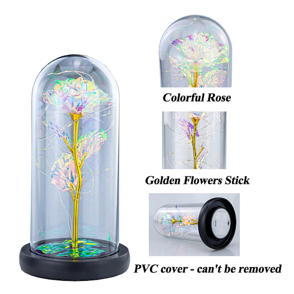 Galaxy Ros i Glas med LED-ljus, Färgglad Rosblomma Gåva för Alla hjärtans dag Bröllopsdag (Färgglad)