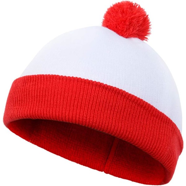 Unisex vinterlue med frynser i rødt og hvitt, Walter beanie lue med mansjetter, varm strikket lue til Halloween, julefest One size