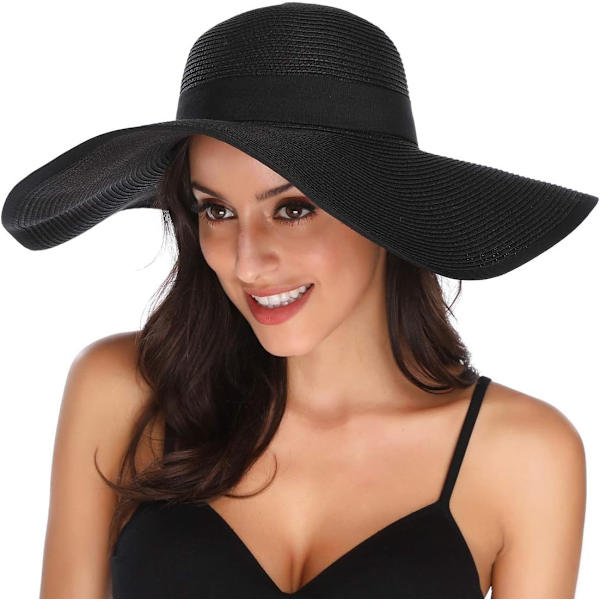 Damhatt i Halm med Bred Brätte, Vikbar, Rullbar, Strandhatt, Solhatt, UPF 50+ Style Cblack