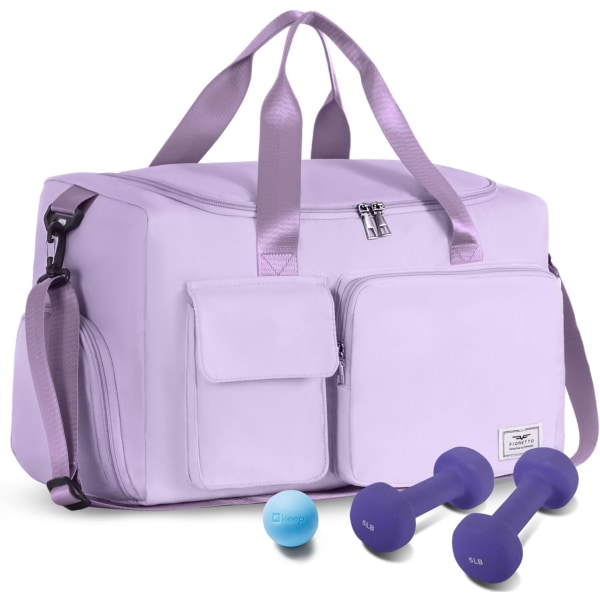 Sportsbag for kvinner og menn med skosrom, weekend-reisebag, overnattingsbag for kvinner, sammenleggbar bag, sykehusbag, lett lilla Light Purple