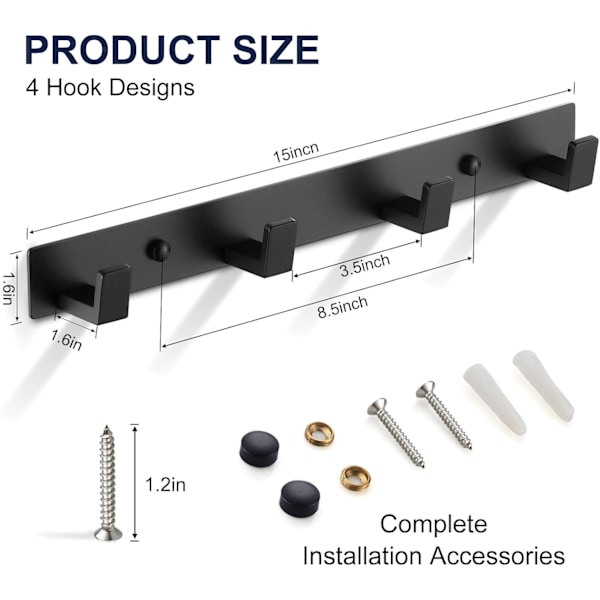 e Sorte Badeværelses Håndklæde Kroge - Vægmontering Skrue Fast Dør Krog - Heavy Duty Frakke Hanger - Rustfrit Stål Badekåbe Stativ i Soveværelse eller Køkken 410B Chrome 4 black coat hook