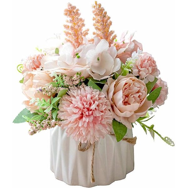 Kunstige blomster falske pæon silke hortensia blomst med vase blomst dekoration arrangementer til bryllup dekoration bord midtpunkter (Pink Keramik Pink Ceramic Vase Set