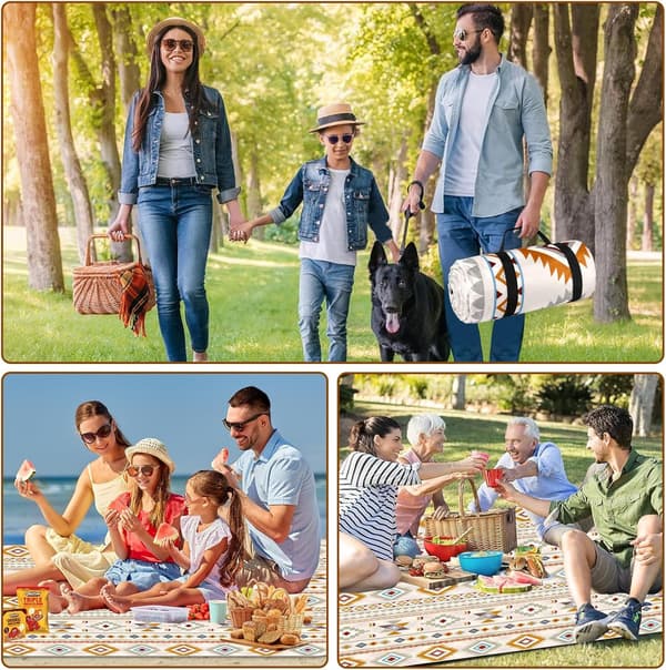 Black and white patterned picnic blanket, 200x200cm, washable picnic blanket with handle