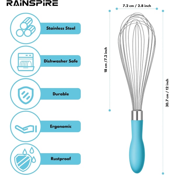 12-tommers ståltrådvisp i rustfritt stål, ballongvisper for matlaging, vispevispeverktøy med mykt silikonhåndtak, tykk holdbar visp for blanding, visping Blue
