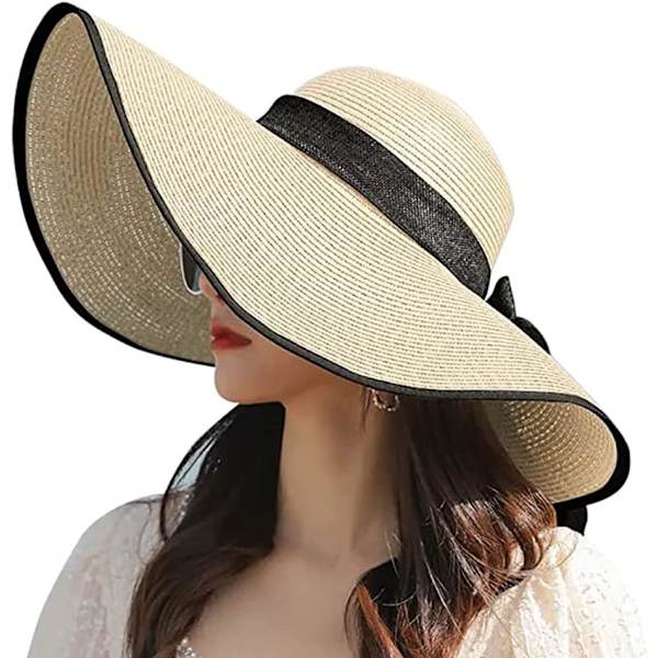 Kvinde Foldbar Floppy Bredskygget Halm Solhat Sommer Strandhat UV UPF 50+ 07Style Beige