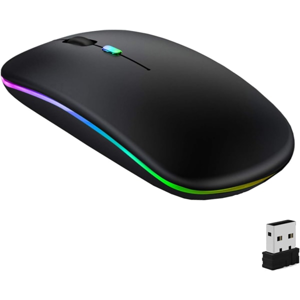 Genopladelig trådløs mus, Bluetooth-mus, to tilstande (BT 5.1 + 2.4G trådløs), ultratynd/lydløs (800-1200-1600), med USB-kabel, trådløs mus Black