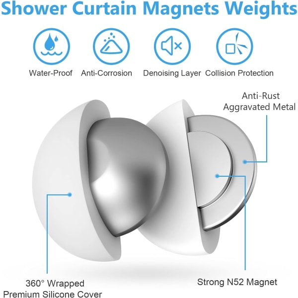 Rostfria duschdraperimagneter, silikoninlindade tunga starka magneter förhindrar att duschdraperifodret blåser bort White 10PCs (5Pairs)