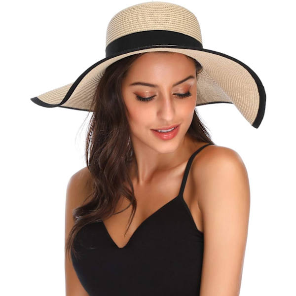 Damhatt i Halm med Bred Brätte, Vikbar, Rullbar, Strandhatt, Solhatt, UPF 50+ Style Cbeige