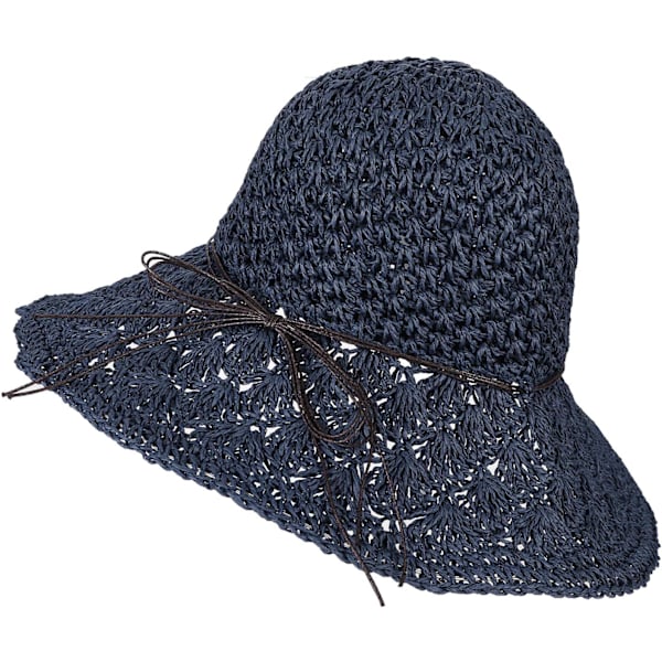 Solhatt i halm för kvinnor, damer, hopfällbar, bredbrättad, med rosett, justerbar, strandhatt, elegant hinkhatt, UPF 50 UV-skydd, bekväm Dark Blue One Size