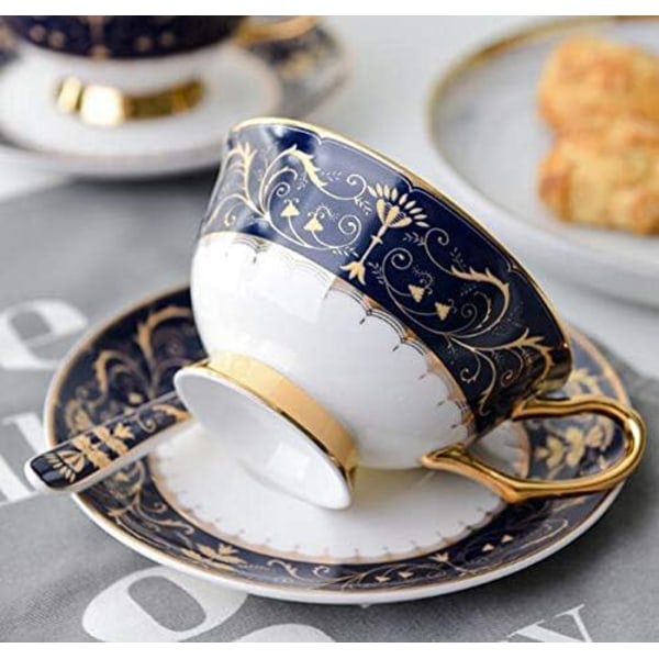 YBK Tech Euro Style Bone China Kop & Underkop Sæt, Keramisk Te Kaffe Kop til Hjem Køkken Bryllup (Royal Mønster - Dyb Blå) Royal Pattern Deep Blue