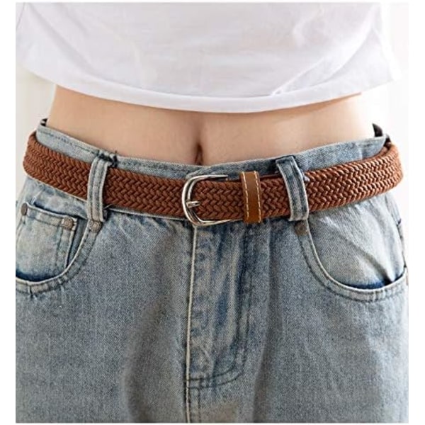 2-pack stretchiga flätade canvasbälten för kvinnor - dambälten för jeans, one size Black+brown