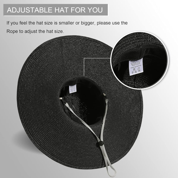 Dame Bredbremmet Halmhatt Floppy Foldable Roll up Cap Strand Solhatt UPF 50+ 01 Style Bblack