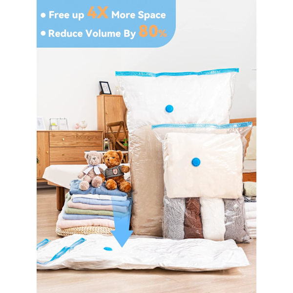 Vakuumförvaringspåsar, 6 st återanvändbara vakuumpåsar (3 jumbo + 3 stora) Mal/dammsäkra utrymmesbesparande påsar för kläder och täcken för att spara 80 % utrymme Transparent 3XL+3L
