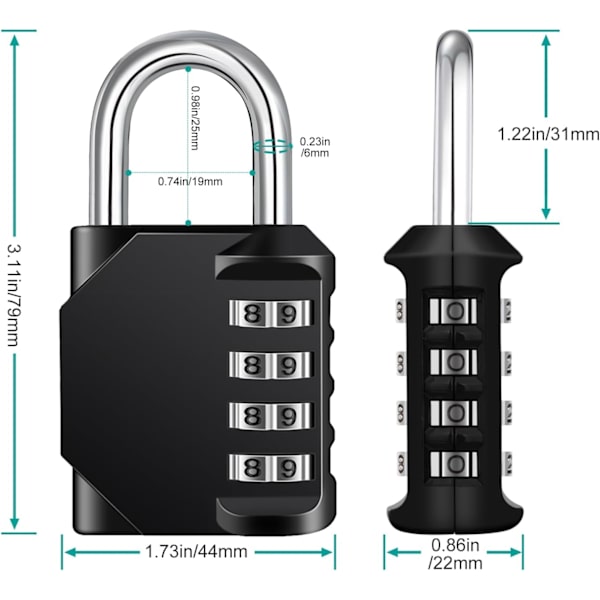 Kombinationshänglås 2-pack, 4-siffriga skåphänglås för gym, skolskåp, väderbeständiga kodade hänglås utomhus för trädgårdsgård grind, skjul Doo 2p, Black&red 2P