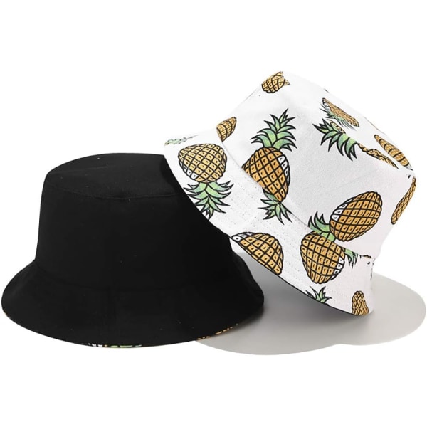 Söpö Bucket Hat Beach Fisherman hatut naisille, käännettävä kaksipuoleinen kuluminen Pineapple White