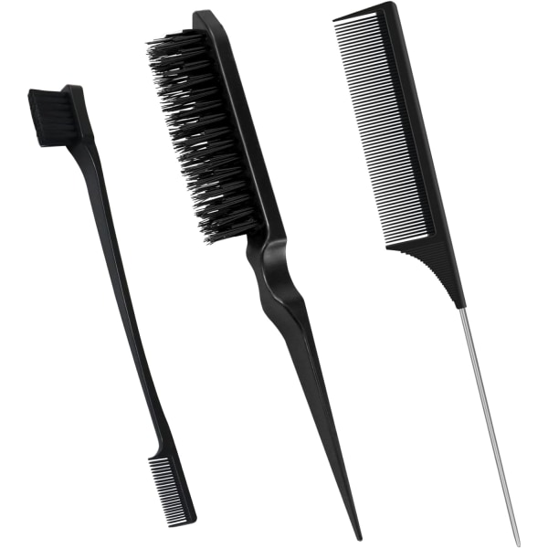 3 stk. Slick Brush Sæt, Plastikbørste Hårbørste Teasing Kam Edge Hårbørste Teasing Brush Sæt, Rottehale Kam Dobbeltsidet Edge Brush, til Te Black