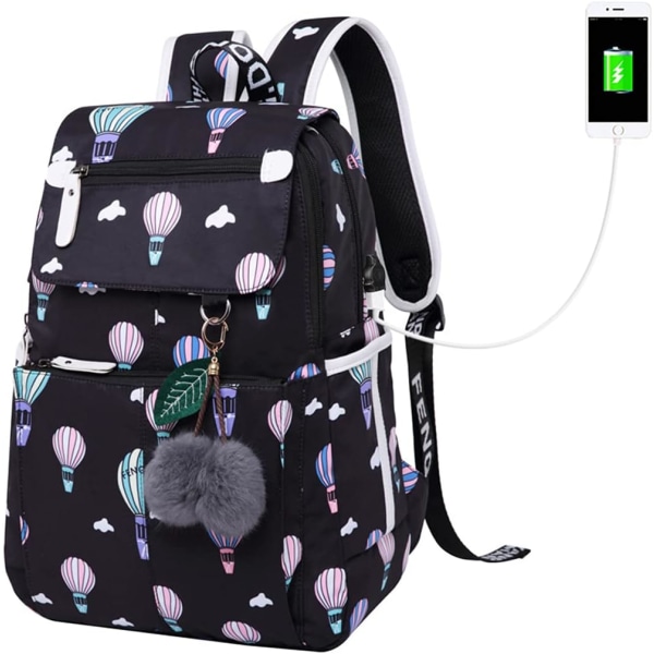 Teenagepigers rygsæk Middle School Students Bogtaske Outdoor Daypack Med USB-opladningsport 3# Blackballon 19 Liters