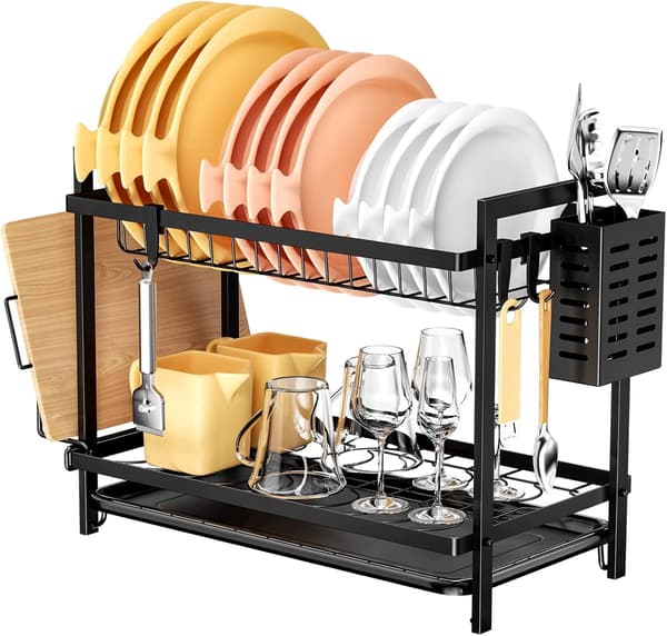2-Tier Black Dish Drying Rack Over Sink with Removable Drip Tray and Cutlery Holder
