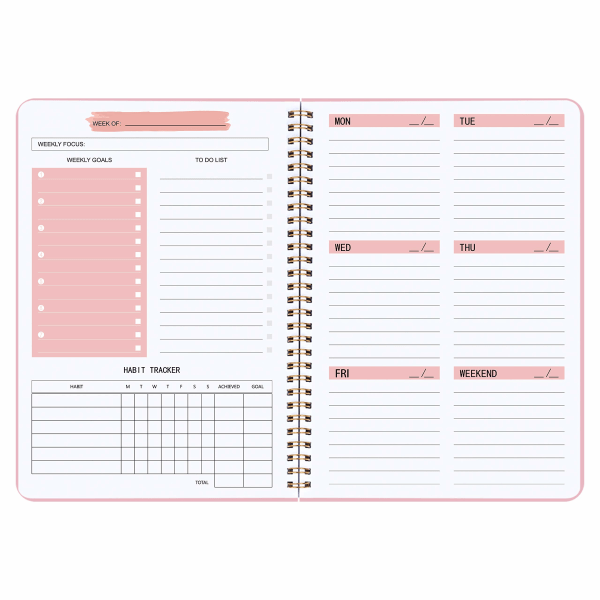 Udateret ugentlig planlægger - Ugentlige mål notesbog, A5 To Do List Planner, Habit Tracker Journal med spiralbinding, Tracker og målplanlægger