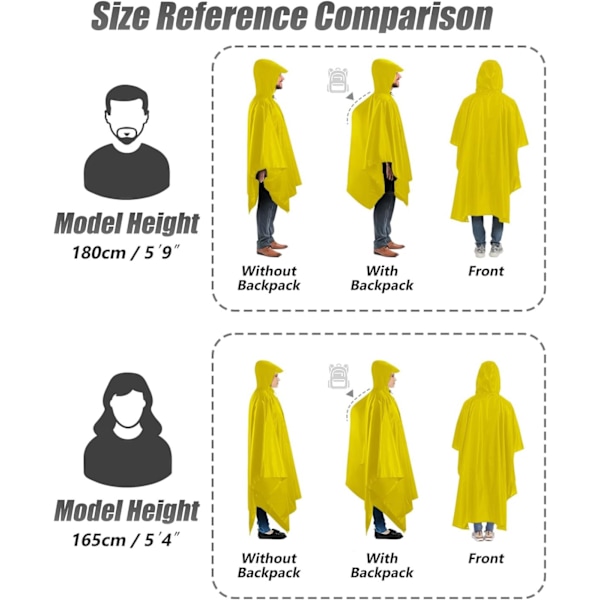 Vedenpitävä poncho aikuisille, uudelleenkäytettävä sadeviitta aikuisille vedenpitävä poncho vedenpitävä aikuisten kevyt vedenpitävä sadetakki ulkoiluun, retkeilyyn, leirintään C Yellow L