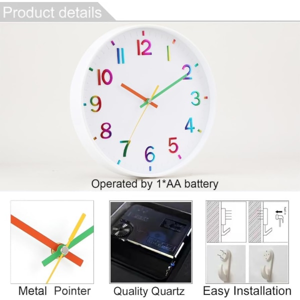 h Väggklocka 3D Färgglad Stort Nummer Batteridriven Tyst Icke-tickande Väggklocka Barn Lär Tid Modern Kvarts Design Dekorativ Inomhus Sovrum Colorful 12 inch