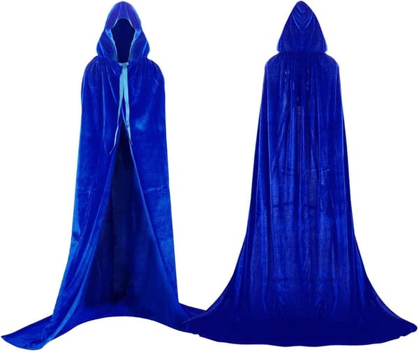 Hodeplagg med lang kappe i gullfløyel, vampyrkappe for voksne, cosplay, halloween, karneval blå
