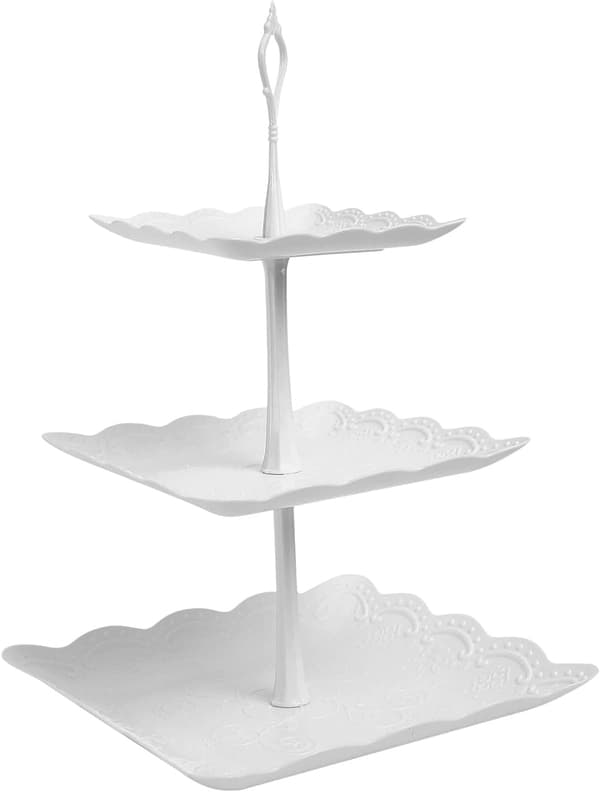 3-Tier Cake Display Stand, White Afternoon Tea Stand, Reusable Plastic Square Cupcake Fruit Dessert Party Serving Platter Stand