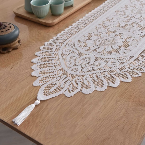 Blondebordløber Hvid til bryllupsfestival Festbord midtpunkt i hjemmet, 90x33 cm (hvid)