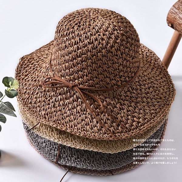 Solhatt i halm för kvinnor, damer, hopfällbar, bredbrättad, med rosett, justerbar, strandhatt, elegant hinkhatt, UPF 50 UV-skydd, bekväm Khaki One Size