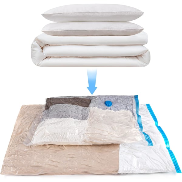 Vakuumförvaringspåsar, 6 st återanvändbara vakuumpåsar (3 jumbo + 3 stora) Mal/dammsäkra utrymmesbesparande påsar för kläder och täcken för att spara 80 % utrymme Transparent 3XL+3L