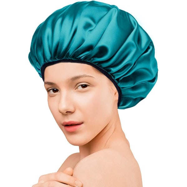 Badehætte, ekstra stor badehætte med tre lag med tørrefunktion til kvinder Mikrofiberfrotté Silke Satin 100% Vandtæt Genanvendelig Lang Green