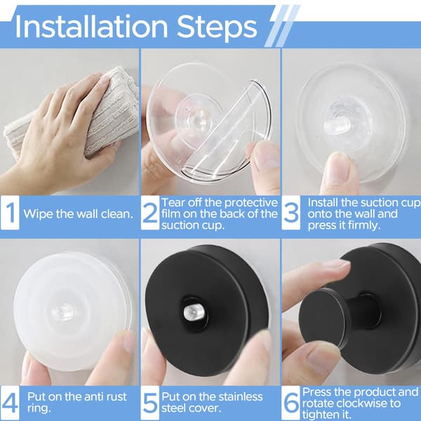 Black Suction Cup Hooks (No Drilling), Extra Strong Wall Hooks for Bathroom, Kitchen, and Smooth Windows.