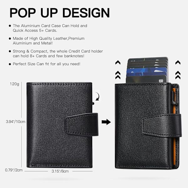 Kredittkortholder RFID-blokkering Minimalistisk Trifold Herre Lommebøker Automatisk Pop Up Metallveske med ID-vinduer og glidelåslomme Black With Orange
