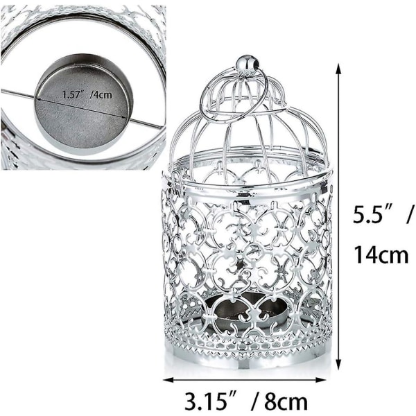 2-pack små metalliska te-ljus hängande fågelbur lykta, silver ljuslykta Vintage