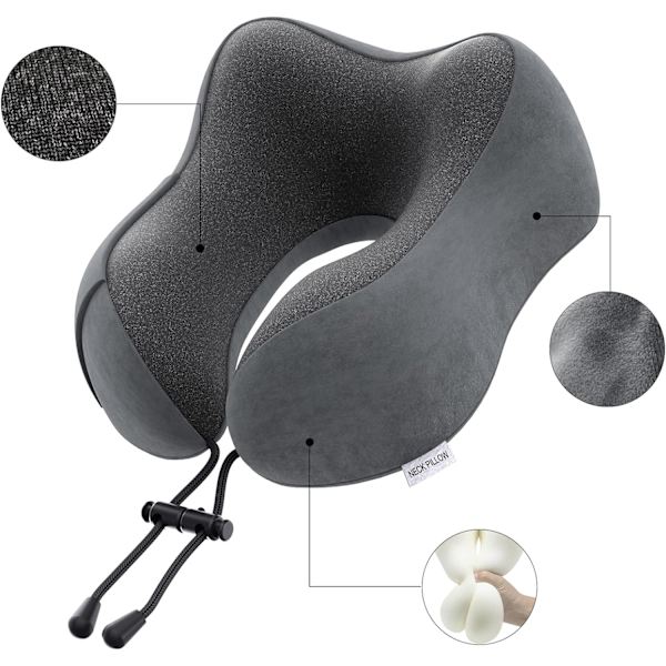 illow Memory Foam Nakkepute Lettvekt Hurtigpakke for Flytog Bil Nakkestøttepute for Reise Camping (Mørkegrå) Dark Grey U Design Neck Pillow