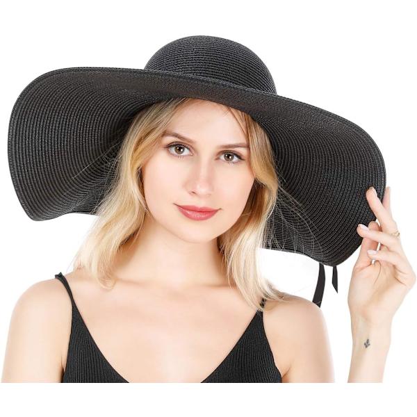 Damhatt i Halm med Bred Brätte, Vikbar, Rullbar, Strandhatt, Solhatt, UPF 50+ Style Lblack