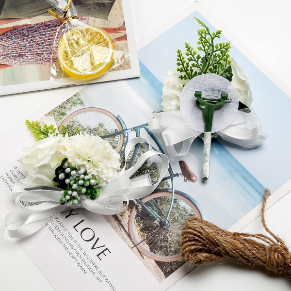 2-pakning bryllupshåndleddsblomst og knapphullsblomstsett, kunstige bryllupsknapphullsblomster for menn og håndleddsroser for kvinner, hvit knapphullsblomst White, Green
