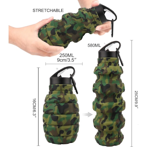 Hopfällbar Resevattenflaska 18 oz, Återanvändbar Silikon Hopfällbar Vattenflaska för Skola, Kontor, Gym, Camping och Vandring, Bärbar Läcksäker Army Green Camouflage