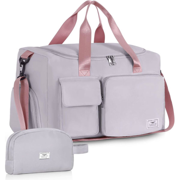 Sportväska för kvinnor och män, gymväska med skofack, weekendväska, övernattningsväska för kvinnor, hopfällbar, vattenavvisande, för sjukhus Grey&pink (With Toiletry Bag)