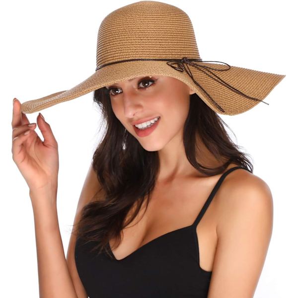 Damhatt i Halm med Bred Brätte, Vikbar, Rullbar, Strandhatt, Solhatt, UPF 50+ Style Dkhaki