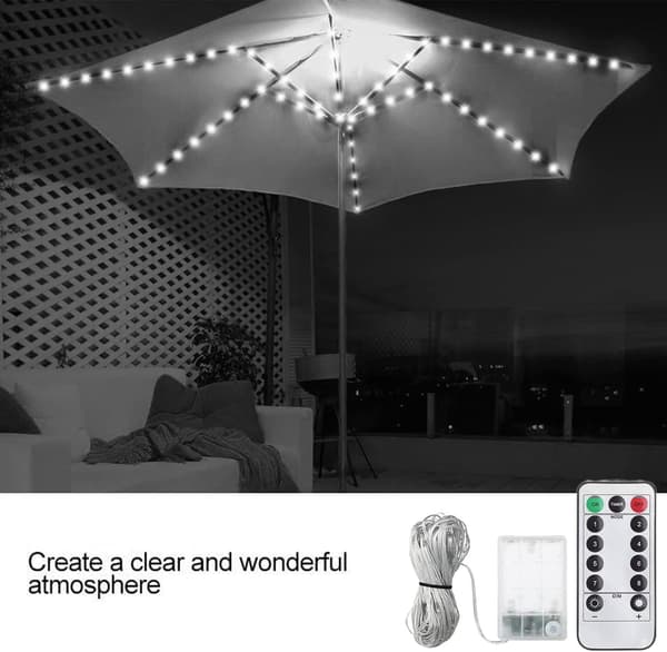 Waterproof 104 LED Battery Operated Umbrella Lights with Remote Control, 8 Lighting Modes (White) [Energy Class A]